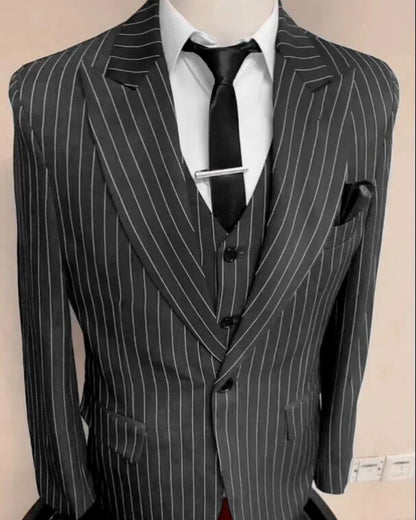 2021 Men's Suits Stripe Men's Blazer Wedding Male Groom Tuxedos Suit with Pants 3 Pieces (Jacket+Pants+Vest) Costume Homme