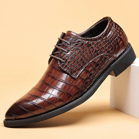 Luxury Brand Men's Leather Shoes Lace-up Crocodile Skin Pointy Derby Oxford Print Casual Men's Dress Shoes Wedding Party Shoes